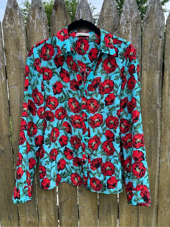 Alice + Olivia Tops - Alice + Olivia 100% Silk Red Poppy Floral Button Front Blouse Aqua Blue Medium